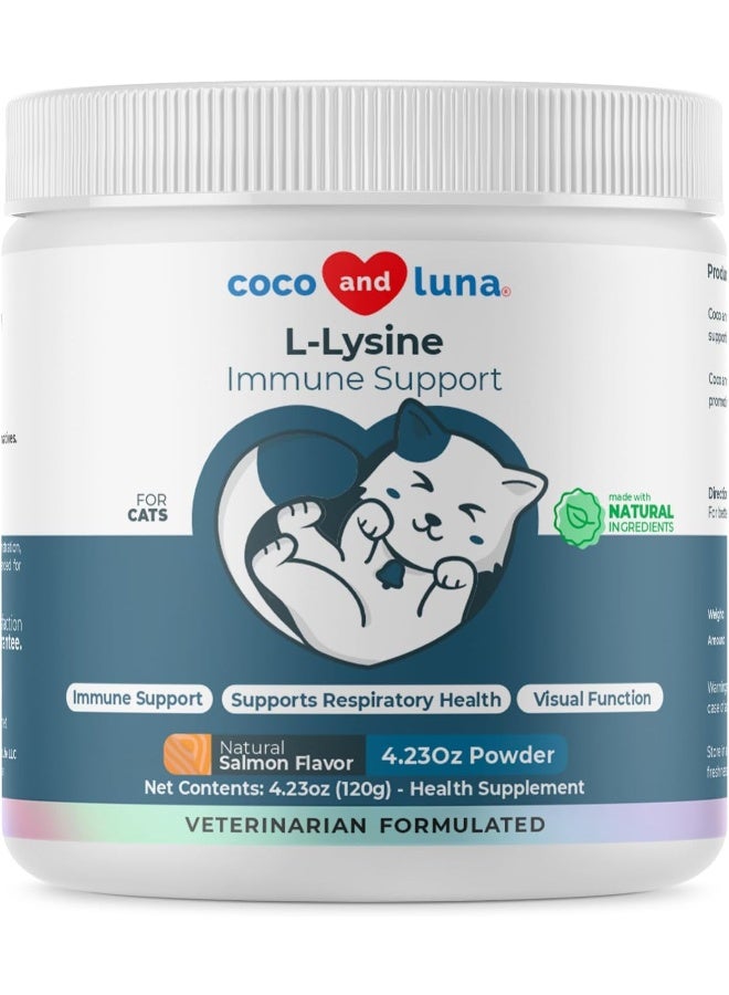 Coco and Luna L-Lysine Supplement for Cats 4oz/120g - Cat Supplement for Sneezing Runny Nose, Cat Immune Support, Eye Function Respiratory Health - Lysine Powder for Cats, Salmon Flavor - Image 1